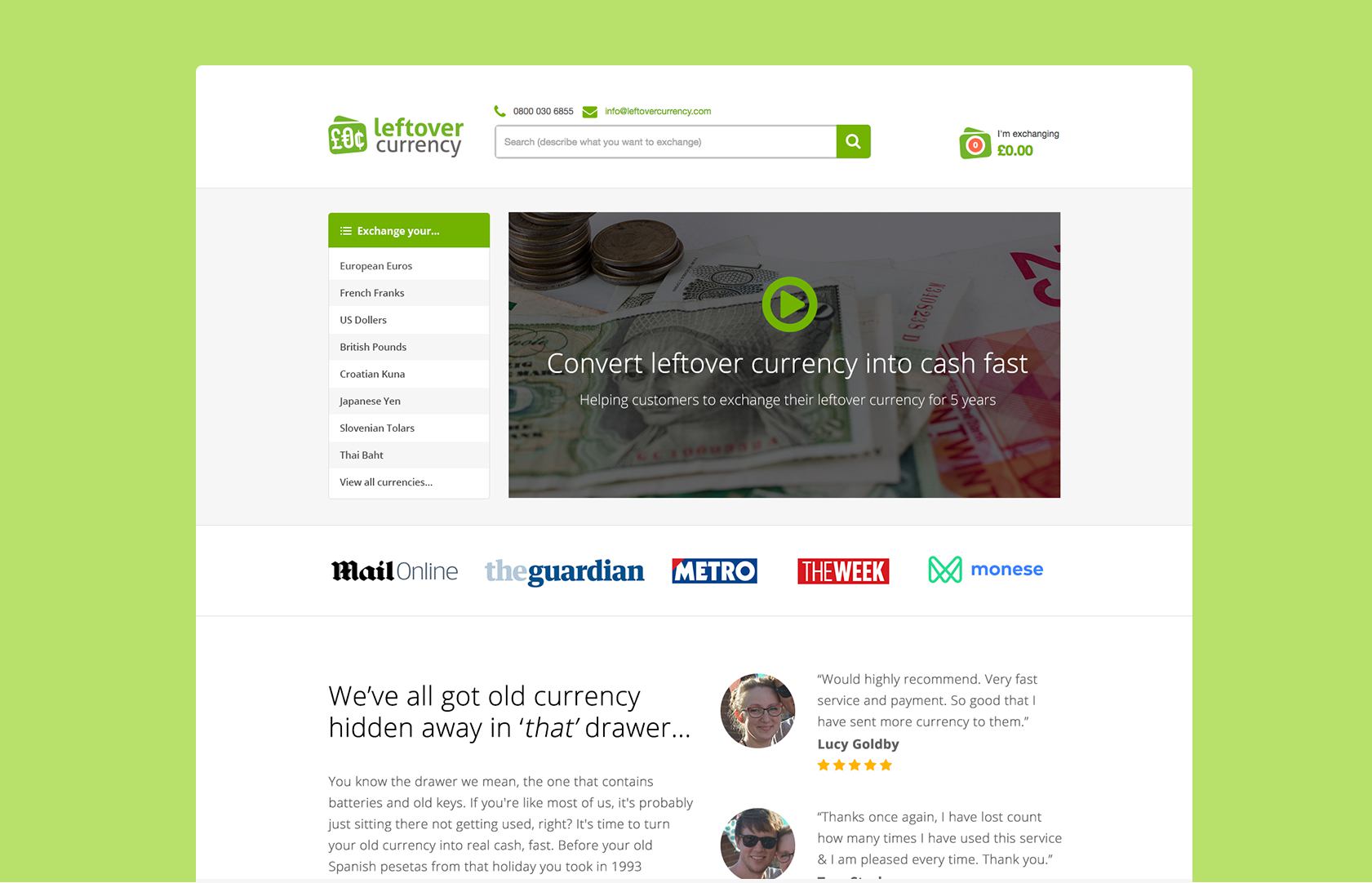 Left over currency home page